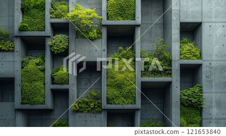 Modern concrete wall with vertical greenery 121653840