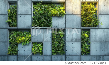 Modern concrete wall with integrated green plants 121653841