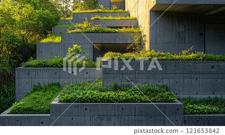 Tiered concrete planters with lush green plants 121653842