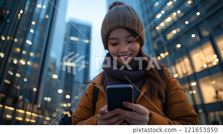 Smiling woman using smartphone in cityscape Smiling woman using smartphone in cityscape 121653850