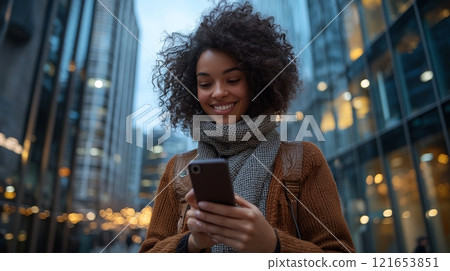 Happy woman using smartphone in city evening 121653851