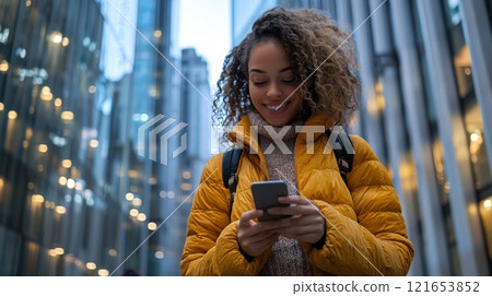 Woman in yellow jacket using smartphone outdoors 121653852