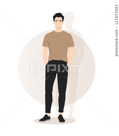A man in a brown T-shirt and black trousers. Casual style, comfortable and simple image for everyday life, minimalist background emphasizes the figure. 121653881