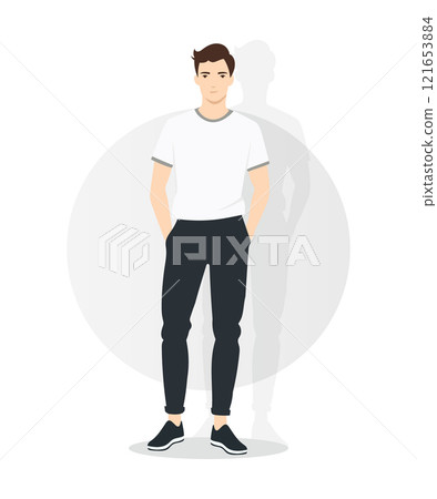 Vector illustration. A man in a classic white t-shirt and black pants. Simplicity and versatility create a basic image. Vector illustration. A man in a classic white t-shirt and black pants. Simplicity and versatility create a basic image. 121653884