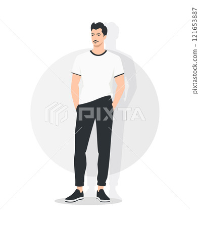 Vector illustration. A man in a classic white t-shirt and black pants. Simplicity and versatility create a basic image. 121653887