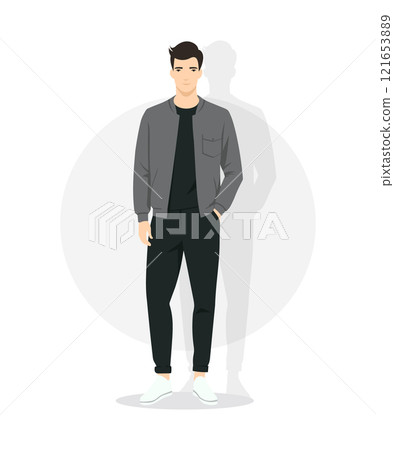 A man in a dark gray jacket and black trousers creates an image of understated elegance. An ideal choice for cool weather. A man in a dark gray jacket and black trousers creates an image of understated elegance. An ideal choice for cool weather. 121653889