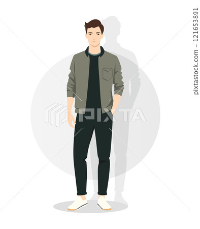 Vector illustration. A man in a light green jacket, a white sweater and dark pants. An image that is perfect for spring walks or light formal meetings. Vector illustration. A man in a light green jacket, a white sweater and dark pants. An image that is perfect for spring walks or light formal meetings. 121653891