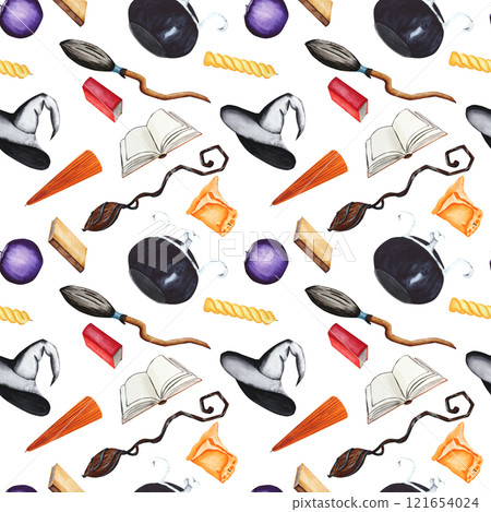 Broom, hat, candle, book and cauldron. Watercolor illustration of a seamless pattern. A set of items on a white background for Halloween. For your design 121654024