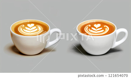 Two beautifully crafted coffee cups are displayed prominently, each featuring different latte art designs. The warm colors and simple background highlight the craftsmanship 121654070