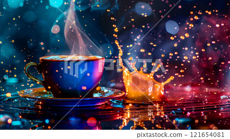 A steaming cup of coffee sits on a table while vibrant colors and droplets splash around, creating a lively atmosphere during a cozy evening moment A steaming cup of coffee sits on a table while vibrant colors and droplets splash around, creating a lively atmosphere during a cozy evening moment 121654081
