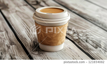 A coffee cup sits on a wooden table showcasing an earthy, textured design and a minimalistic lid. Perfect for promoting warm beverages in a cozy environment A coffee cup sits on a wooden table showcasing an earthy, textured design and a minimalistic lid. Perfect for promoting warm beverages in a cozy environment 121654082