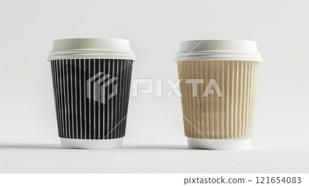 Two coffee cups stand side by side, one in black and the other in light brown, both designed with ribbed textures and white lids, emphasizing simplicity and elegance Two coffee cups stand side by side, one in black and the other in light brown, both designed with ribbed textures and white lids, emphasizing simplicity and elegance 121654083