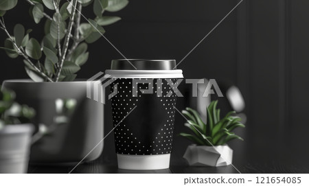 Black coffee cup with a dotted design is placed on a dark wooden table surrounded by decorative plants, creating a chic and inviting cafe atmosphere Black coffee cup with a dotted design is placed on a dark wooden table surrounded by decorative plants, creating a chic and inviting cafe atmosphere 121654085