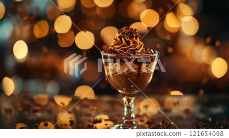 Indulge in a decadent chocolate mousse topped with whipped cream, elegantly presented in a clear glass against a glowing bokeh backdrop in a lavish setting 121654098