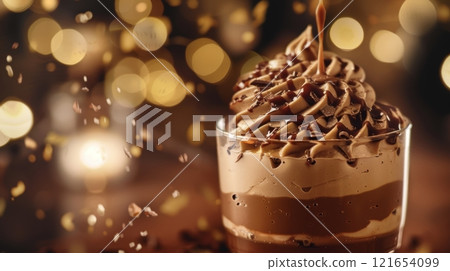 Delicious chocolate mousse is presented in an elegant glass, topped with whipped cream and golden sprinkles. Soft bokeh lights create a festive atmosphere 121654099