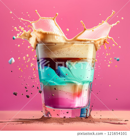 A coffee drink in layers of color splashes out of a sleek glass cup, creating an artistic effect against a bright pink backdrop, capturing attention and delight A coffee drink in layers of color splashes out of a sleek glass cup, creating an artistic effect against a bright pink backdrop, capturing attention and delight 121654101