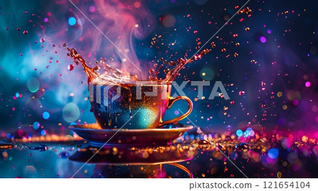 A steaming cup of coffee is dramatically splashing in a colorful setting filled with vibrant lights. The scene captures the essence of energy and warmth in a cozy ambiance 121654104