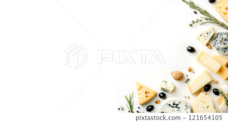 An appealing assortment of cheeses, including soft and hard varieties, is beautifully arranged on a clean white background, inviting cheese lovers to indulge An appealing assortment of cheeses, including soft and hard varieties, is beautifully arranged on a clean white background, inviting cheese lovers to indulge 121654105