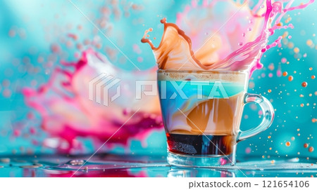 A coffee drink swirls with vibrant colors, creating an eye-catching splash in a sleek glass cup. The bright blue background enhances the lively scene A coffee drink swirls with vibrant colors, creating an eye-catching splash in a sleek glass cup. The bright blue background enhances the lively scene 121654106