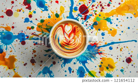 A top-down view of a beautifully crafted cappuccino featuring intricate latte art. The colorful drink rests on a table splattered with bright paint, showcasing creativity A top-down view of a beautifully crafted cappuccino featuring intricate latte art. The colorful drink rests on a table splattered with bright paint, showcasing creativity 121654112