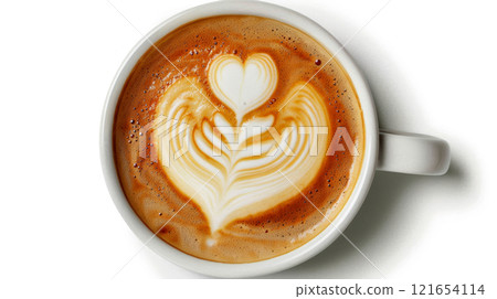 A beautifully crafted cappuccino features intricate heart-shaped latte art in a white ceramic cup, inviting a moment of warmth and comfort in a cafe setting 121654114