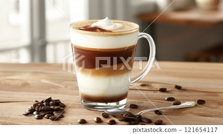 A vibrant cappuccino in a glass cup showcases layers of milk foam and coffee, accompanied by coffee beans and a spoon on a wooden surface 121654117