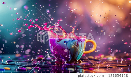 A coffee cup elegantly splashes bright purple liquid against a backdrop of colorful lights, creating an inviting and lively atmosphere perfect for coffee lovers 121654128