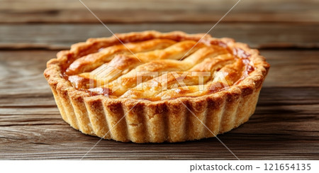 A freshly baked strawberry tart sits elegantly on a rustic wooden table, highlighting its golden crust and vibrant filling, perfect for dessert lovers A freshly baked strawberry tart sits elegantly on a rustic wooden table, highlighting its golden crust and vibrant filling, perfect for dessert lovers 121654135