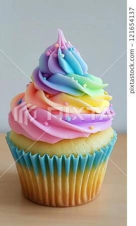 A delightful cupcake features pastel colored rainbow frosting topped with sprinkles, showcasing vibrant hues of pink, blue, green, and yellow against a wooden surface 121654137