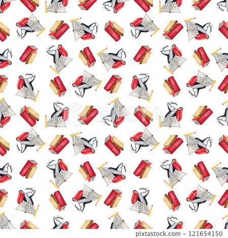 Compositions of hats, books and candles. Watercolor illustration of a seamless pattern for Halloween on a white background. Festive decor. Hand drawing for your design 121654150