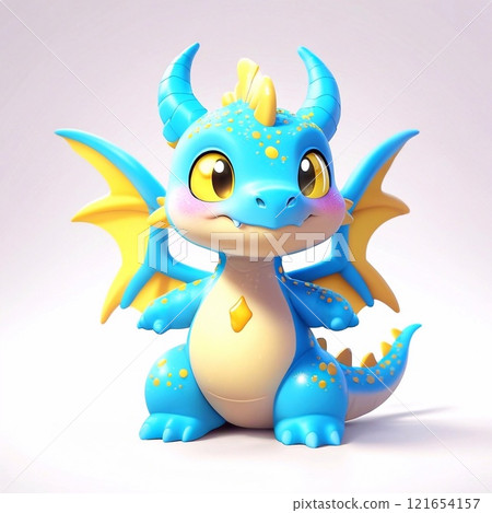 Three-dimensional cartoon character of a dragon child, with glitter on the skin, full length, on a white background 121654157