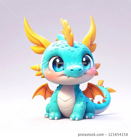 Three-dimensional cartoon character of a dragon child, with glitter on the skin, full length, on a white background 121654158