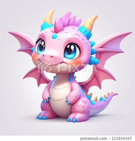 Three-dimensional cartoon character of a dragon child, with glitter on the skin, full length, on a white background 121654167
