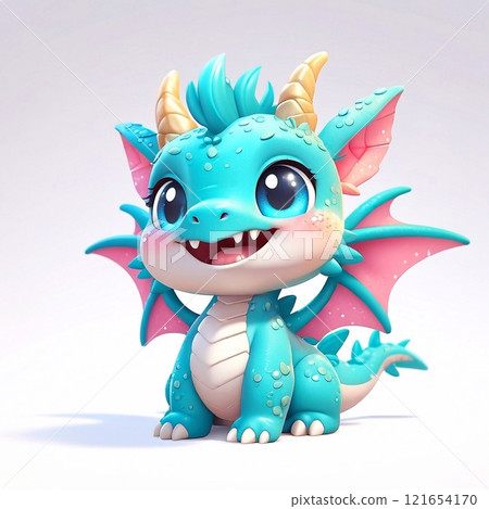 Three-dimensional cartoon character of a dragon child, with glitter on the skin, full length, on a white background 121654170