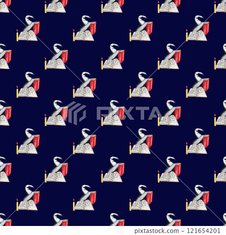 Wizard hat and books with candles in a seamless pattern. Illustration of a book of spells on a dark background for Halloween. For your design Wizard hat and books with candles in a seamless pattern. Illustration of a book of spells on a dark background for Halloween. For your design 121654201