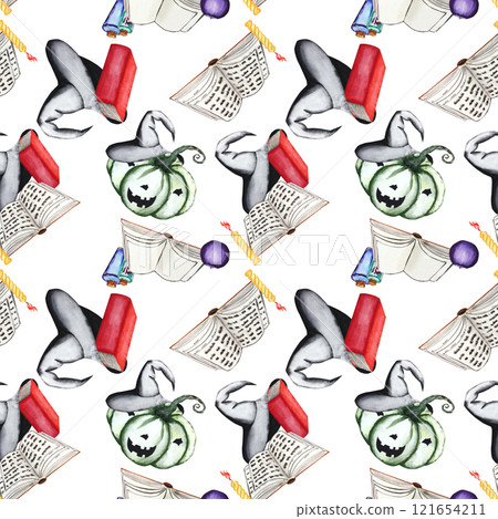 Compositions of pumpkins, hats, books, candles and potions. Watercolor illustration of a seamless pattern for Halloween on a white background. Festive decor. Hand drawing for your design 121654211