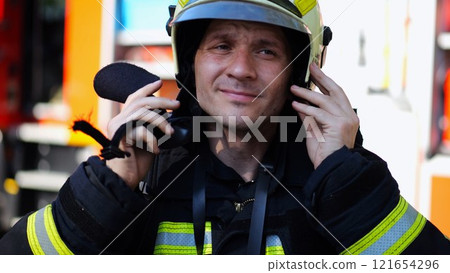 Young fireguard in protective uniform putting helmet against background of a big red truck. Male firefighter in full equipment near fire engine ready to work. Saving lives and heroic profession Young fireguard in protective uniform putting helmet against background of a big red truck. Male firefighter in full equipment near fire engine ready to work. Saving lives and heroic profession 121654296