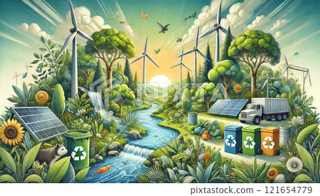 Illustrations about environmental protection, renewable energy, recycling and coexistence with nature 121654779