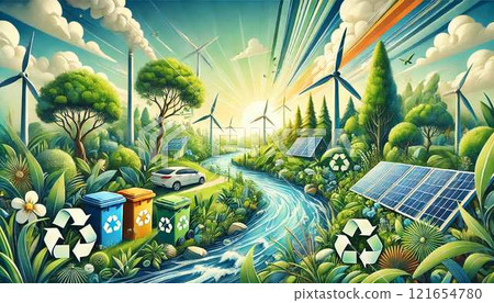 Illustrations about environmental protection, renewable energy, recycling and coexistence with nature 121654780