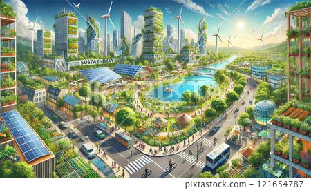 描繪環境保護、再生能源、回收以及與大自然共存的插圖 121654787