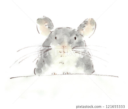 Watercolor illustration of a chinchilla's face peeking out from above a refrigerator 121655333