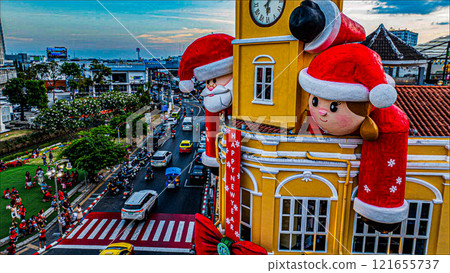 Aerial view of Festive Old Town Clock Tower in Phuket 121655737