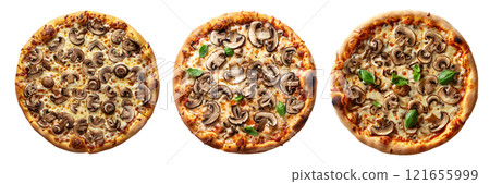 Set of isolated three whole mushroom pizza on transparent background in top view. Set of isolated three whole mushroom pizza on transparent background in top view. 121655999