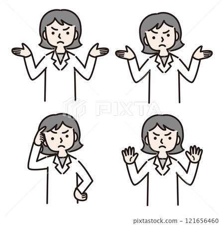 A woman in a white coat with an angry face and an incomprehensible look (doctor, pharmacist, nutritionist, researcher) 121656460