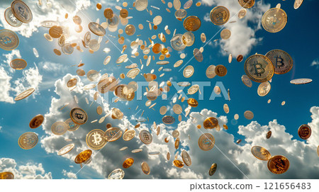 Bitcoin reflected with sunlight reflecting on the sparkling water surface and a blue sky with lots of clouds 121656483