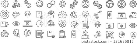 Set of monochrome line icons about gears in vector Set of monochrome line icons about gears in vector 121656815
