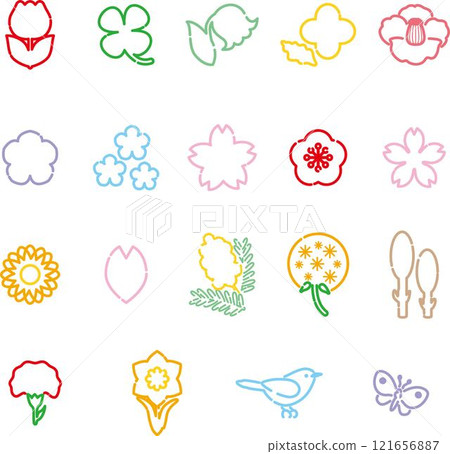 Flowers, spring, plants, icons, decorations, pictograms, logos, cute, simple, lines, illustration material set Flowers, spring, plants, icons, decorations, pictograms, logos, cute, simple, lines, illustration material set 121656887