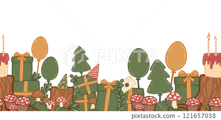 Festive forest seamless banner with gifts, balloons, and mushroom cupcakes. Whimsical celebration scene featuring cakes, trees, and presents. Illustration for birthday cards, banners, and invitations 121657038