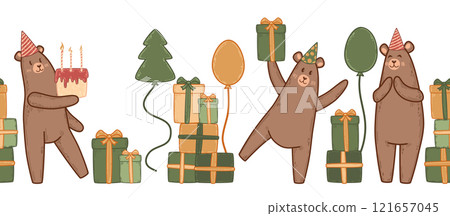 Seamless horizontal border with happy bears in party hats holding gifts and balloons. Festive orange and green colors add a cheerful touch. Vector for birthday surprise decorations. Seamless horizontal border with happy bears in party hats holding gifts and balloons. Festive orange and green colors add a cheerful touch. Vector for birthday surprise decorations. 121657045