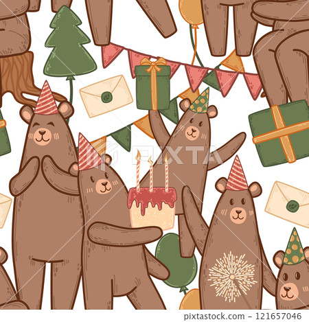 Seamless pattern with party bears, birthday cakes, and festive decor. Whimsical design featuring balloons, presents, and cheerful animals. Playful vector for celebration-themed backgrounds and prints Seamless pattern with party bears, birthday cakes, and festive decor. Whimsical design featuring balloons, presents, and cheerful animals. Playful vector for celebration-themed backgrounds and prints 121657046